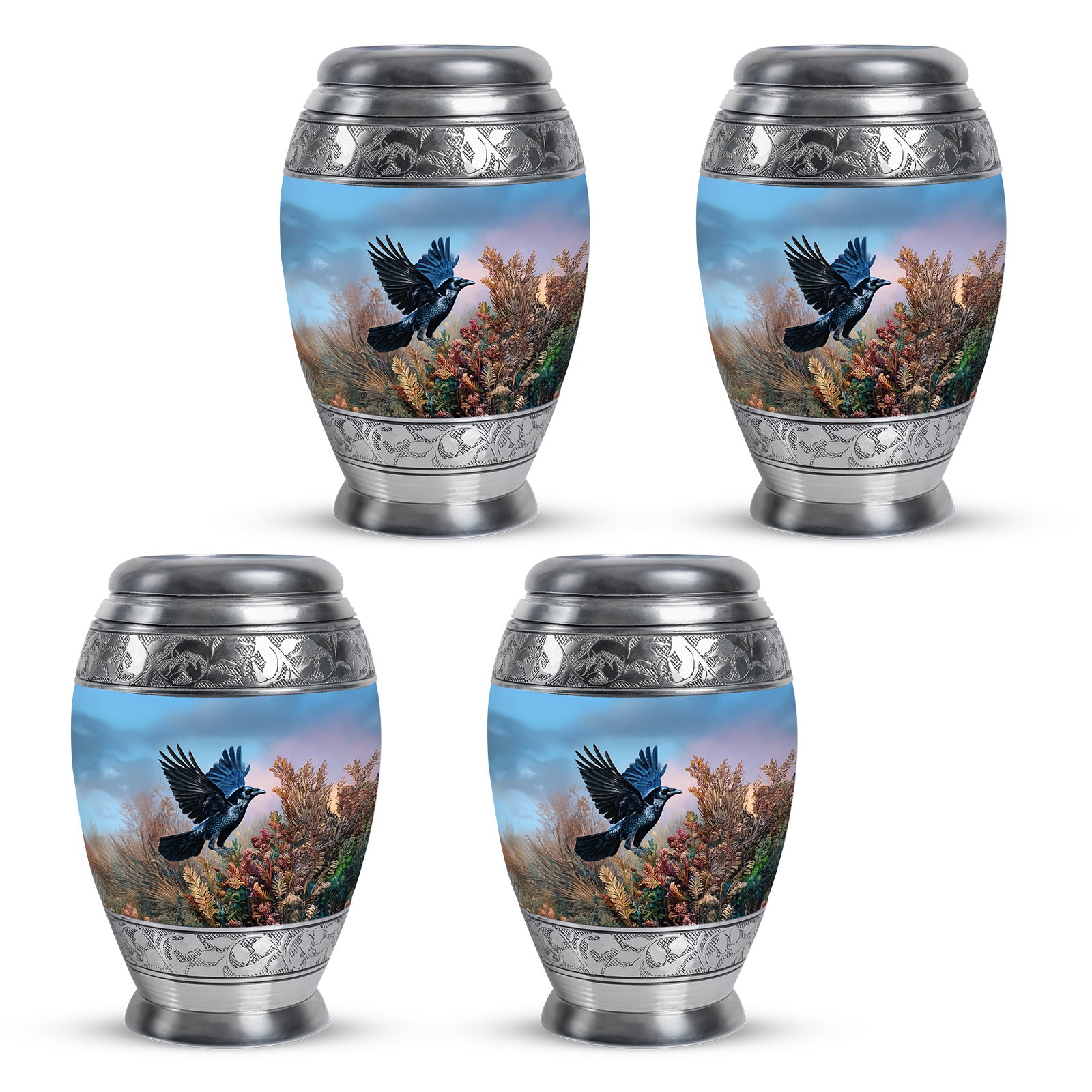 Indigo Crow Cremation Urn urn with complimentary velvet bag - regal crow design with crown-inspired accents - 10 inch aluminum urn for cremated remains