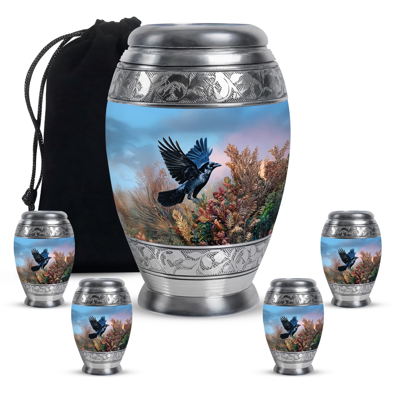 Sapphire Blue Crow Cremation Urn detail view - majestic crow pattern with filigree border - memorial set with one large and four small urns