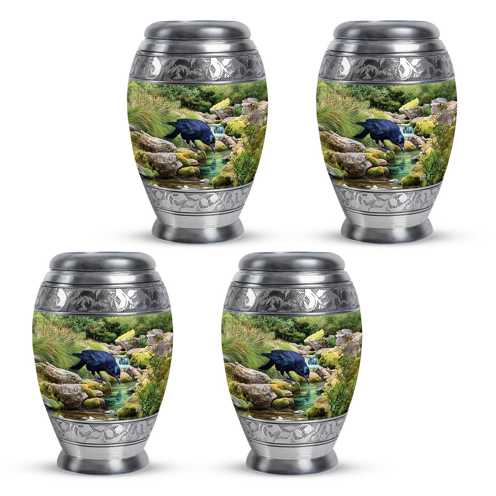 Jade Green Crow Cremation Urn urn with complimentary velvet bag - regal crow design with crown-inspired accents - 10 inch aluminum urn for cremated remains