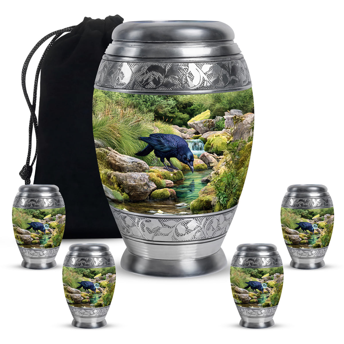 Jade Green Crow Cremation Urn detail view - regal crow design with crown-inspired accents - memorial set with one large and four small urns