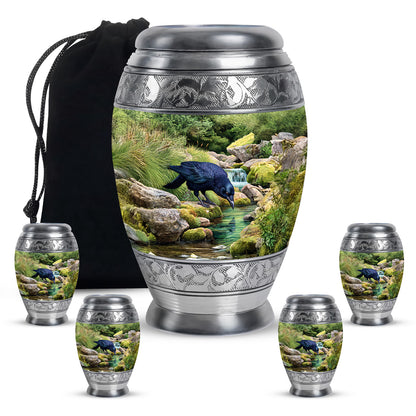 Jade Green Crow Cremation Urn detail view - regal crow design with crown-inspired accents - memorial set with one large and four small urns