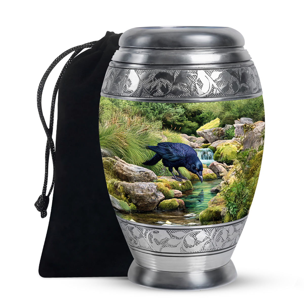 Jade Green Crow Cremation Urn back view with polished surface - regal crow design with crown-inspired accents - full-size 10 inch 200 cubic inch adult cremation urn