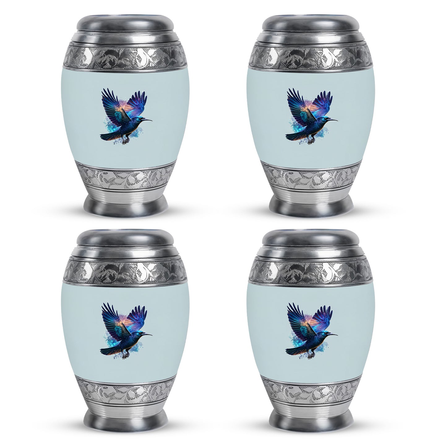 Platinum Silver Crow Cremation Urn urn with complimentary velvet bag - regal crow design with crown-inspired accents - 10 inch aluminum urn for cremated remains