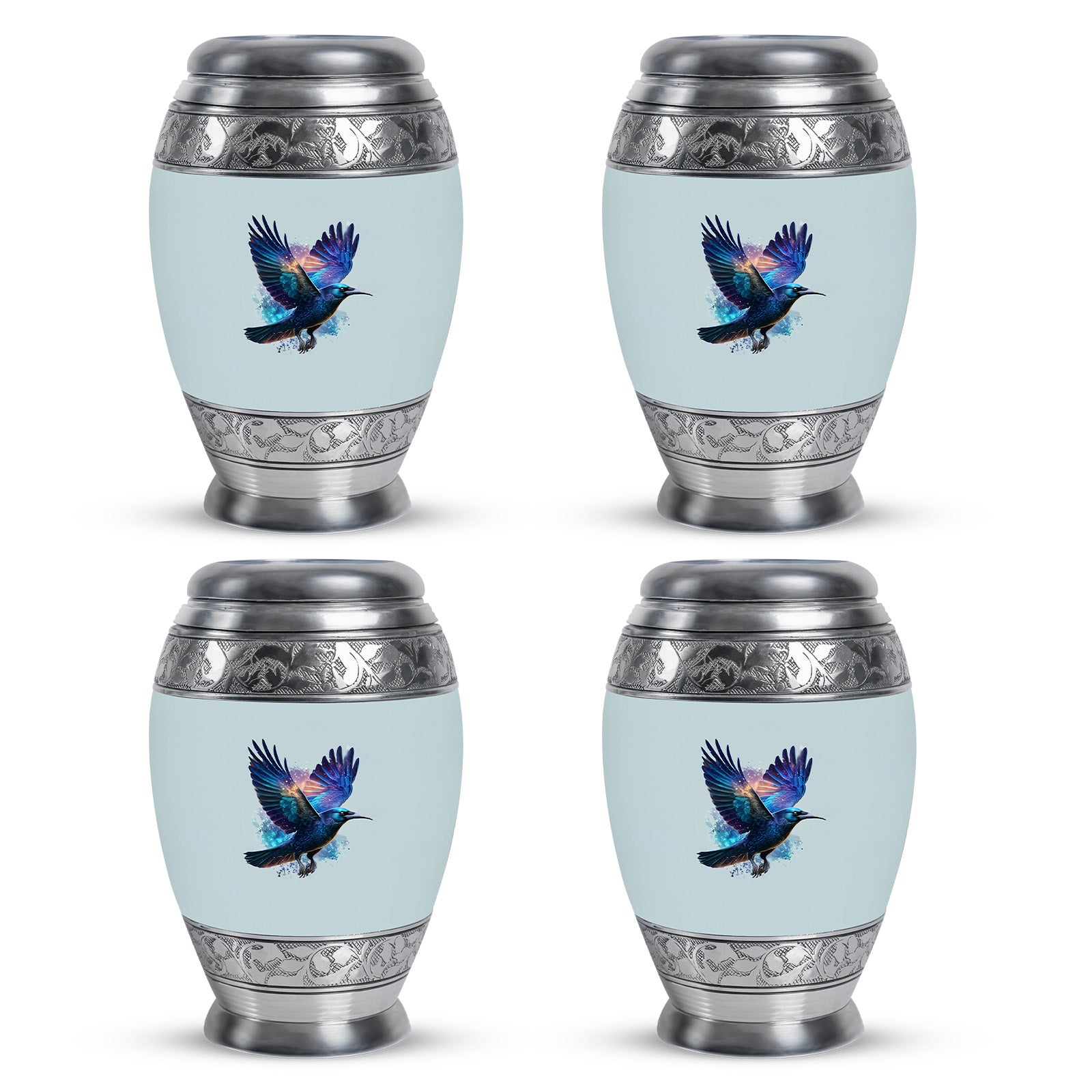 Platinum Silver Crow Cremation Urn urn with complimentary velvet bag - regal crow design with crown-inspired accents - 10 inch aluminum urn for cremated remains