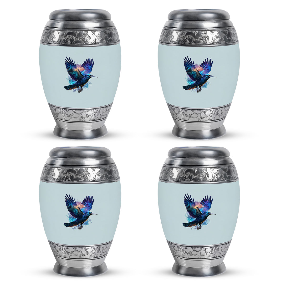 Platinum Silver Crow Cremation Urn urn with complimentary velvet bag - regal crow design with crown-inspired accents - 10 inch aluminum urn for cremated remains