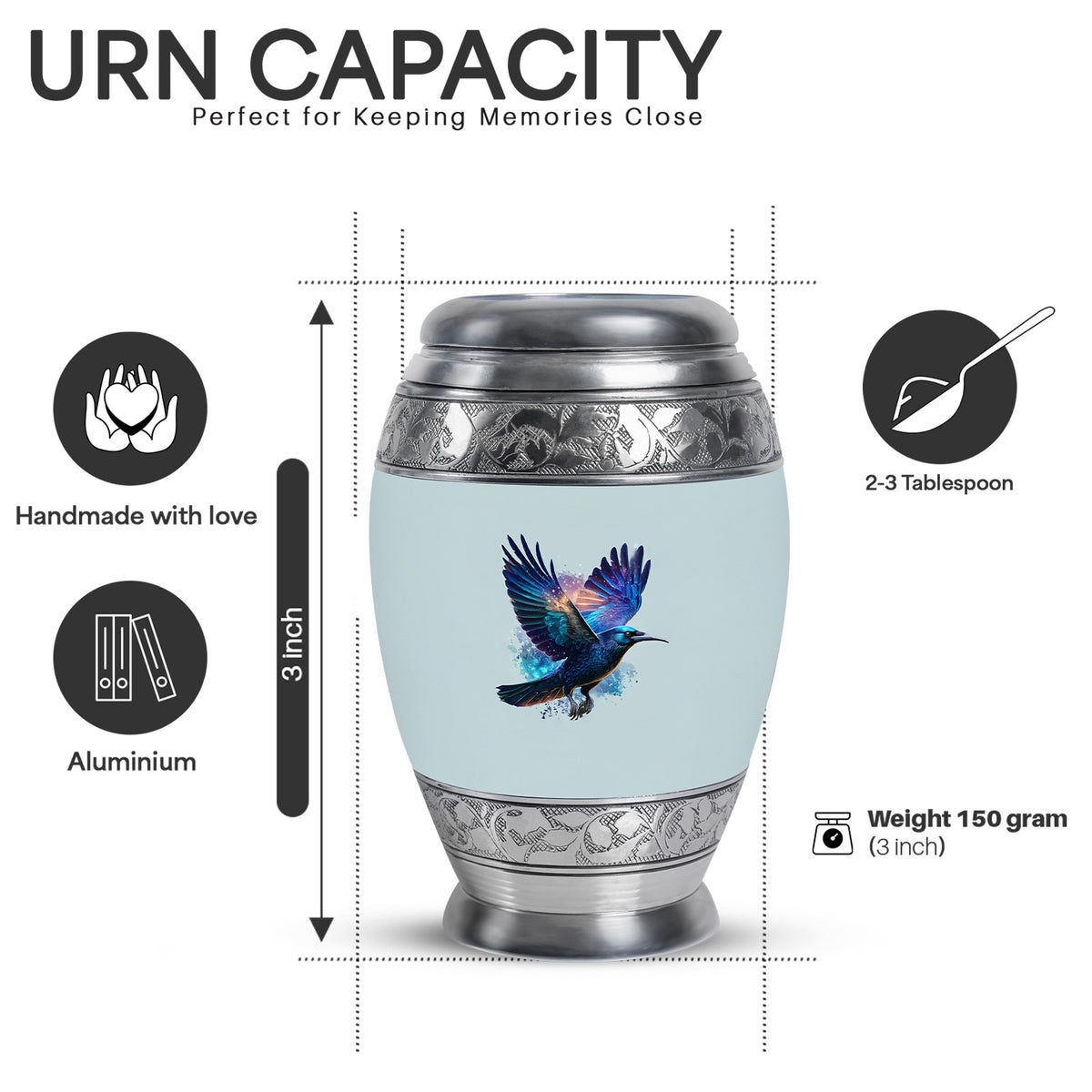 Moonlight Silver Crow Cremation Urn lifestyle display on memorial shelf - majestic crow pattern with filigree border - mini keepsake memorial for portion of cremation ashes