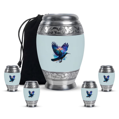 Moonlight Silver Crow Cremation Urn detail view - majestic crow pattern with filigree border - memorial set with one large and four small urns