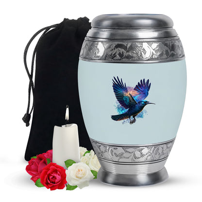 Gleaming Silver Crow Cremation Urn back view with polished surface - ornate monarch-style crow relief on brushed aluminum - full-size 10 inch 200 cubic inch adult cremation urn