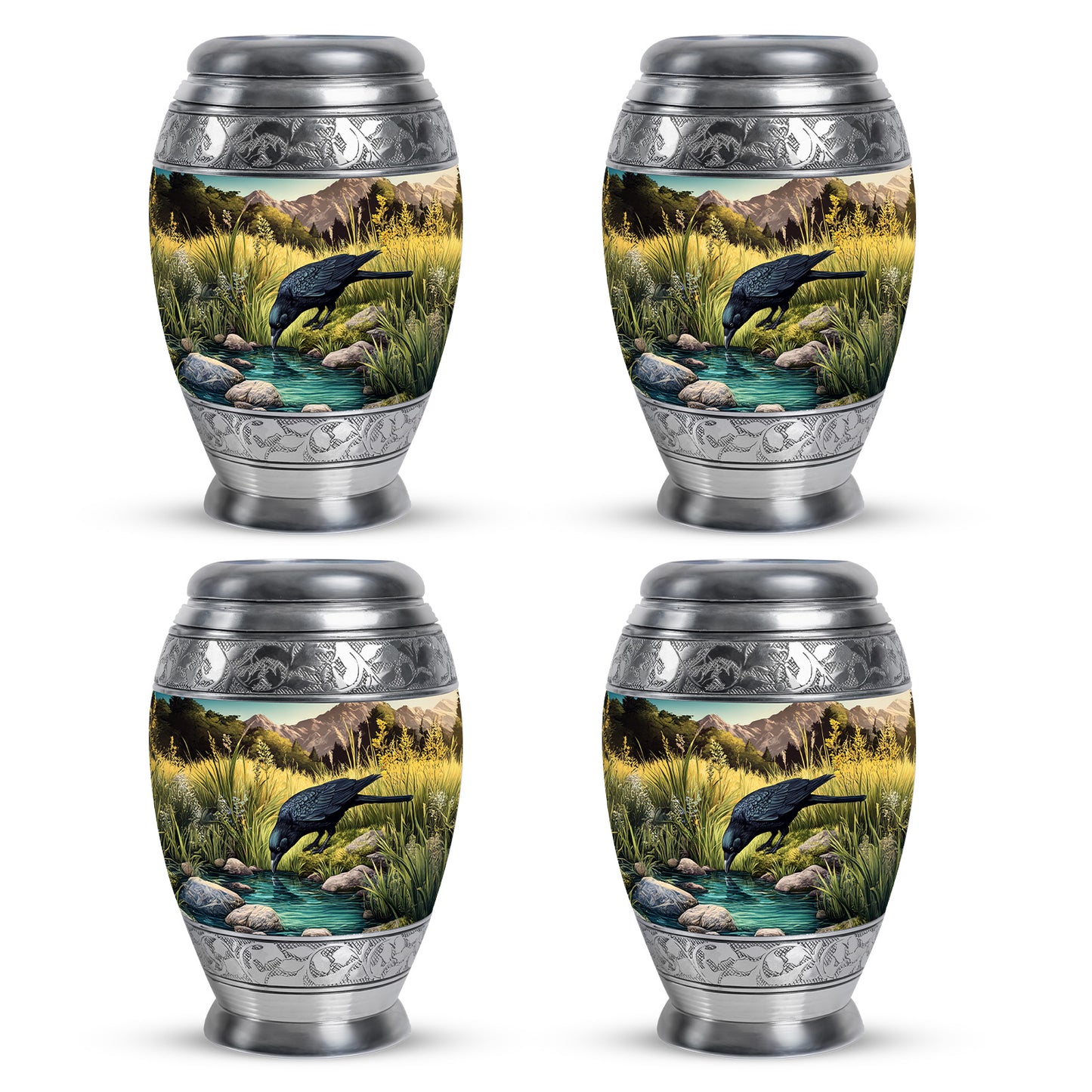 Mystic Teal Crow Cremation Urn urn with complimentary velvet bag - majestic crow pattern with filigree border - 10 inch aluminum urn for cremated remains