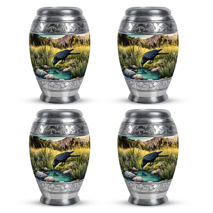 Mystic Teal Crow Cremation Urn urn with complimentary velvet bag - majestic crow pattern with filigree border - 10 inch aluminum urn for cremated remains