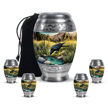 Tropical Teal Crow Cremation Urn detail view - royal crow engraving with decorative scrollwork - memorial set with one large and four small urns