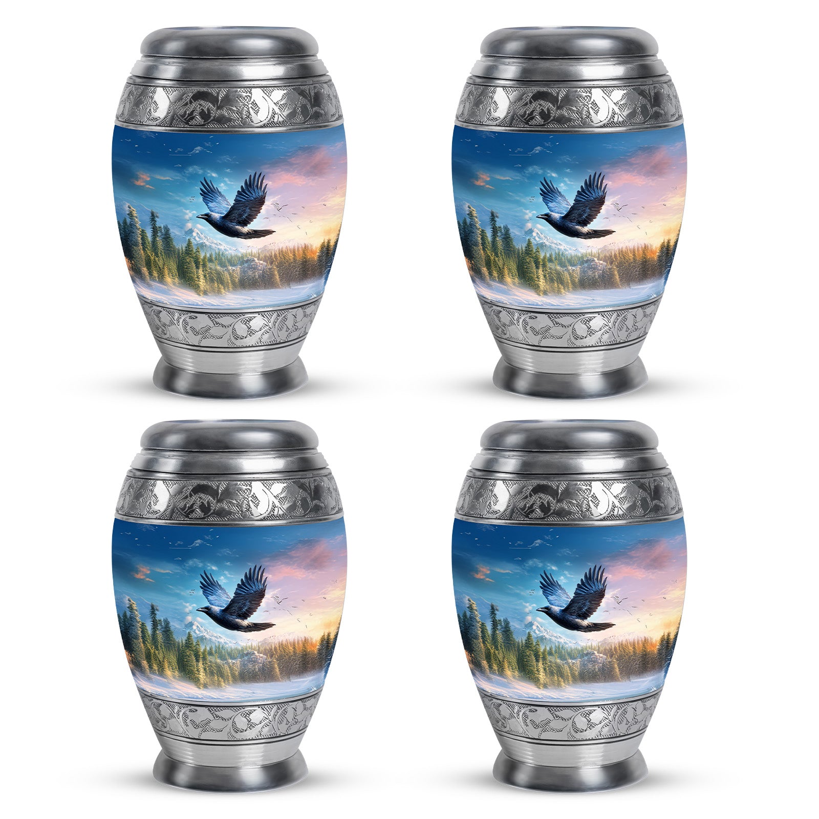Soft Blue Crow Cremation Urn urn with complimentary velvet bag - royal crow engraving with decorative scrollwork - 10 inch aluminum urn for cremated remains