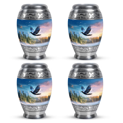 Soft Blue Crow Cremation Urn urn with complimentary velvet bag - royal crow engraving with decorative scrollwork - 10 inch aluminum urn for cremated remains