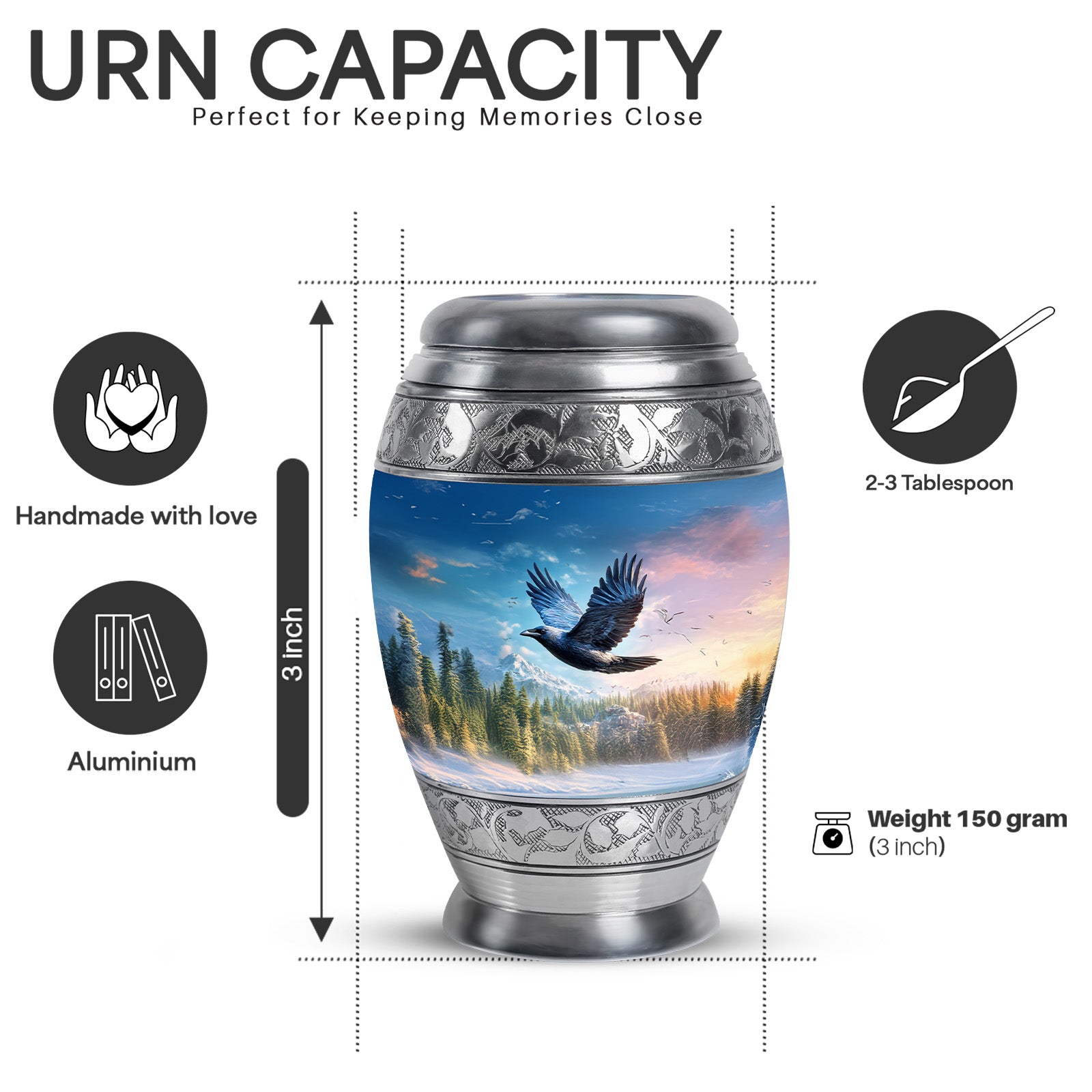 Celestial Blue Crow Cremation Urn lifestyle display on memorial shelf - ornate monarch-style crow relief on brushed aluminum - mini keepsake memorial for portion of cremation ashes