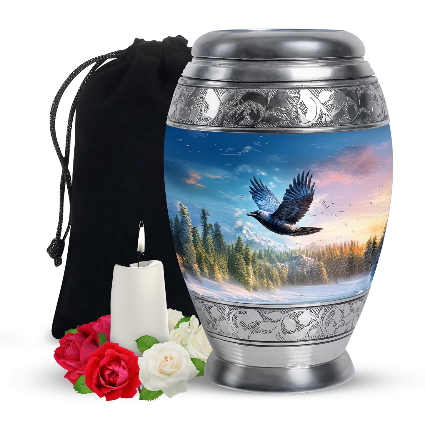 Powder Blue Crow Cremation Urn back view with polished surface - ornate monarch-style crow relief on brushed aluminum - full-size 10 inch 200 cubic inch adult cremation urn