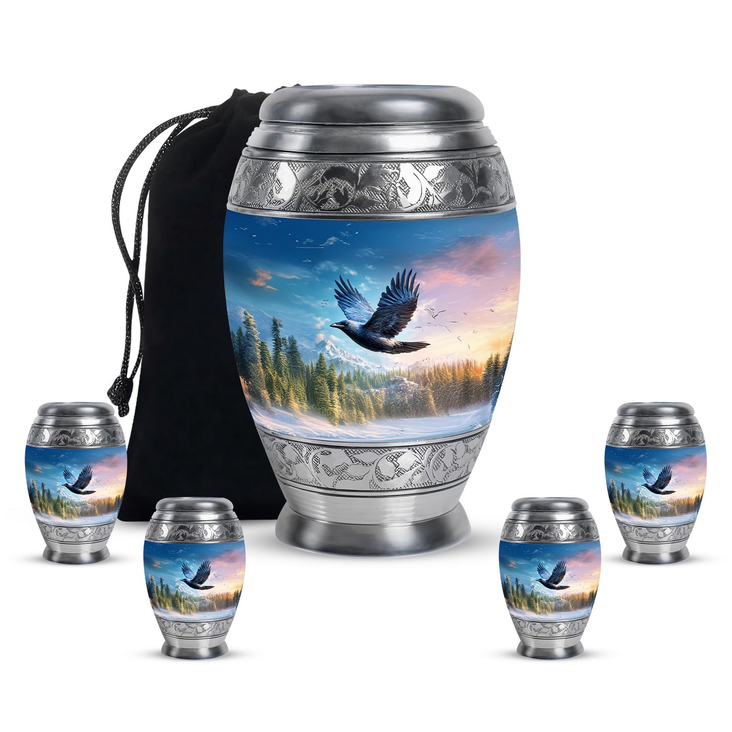 Azure Crow Cremation Urn detail view - regal crow design with crown-inspired accents - memorial set with one large and four small urns