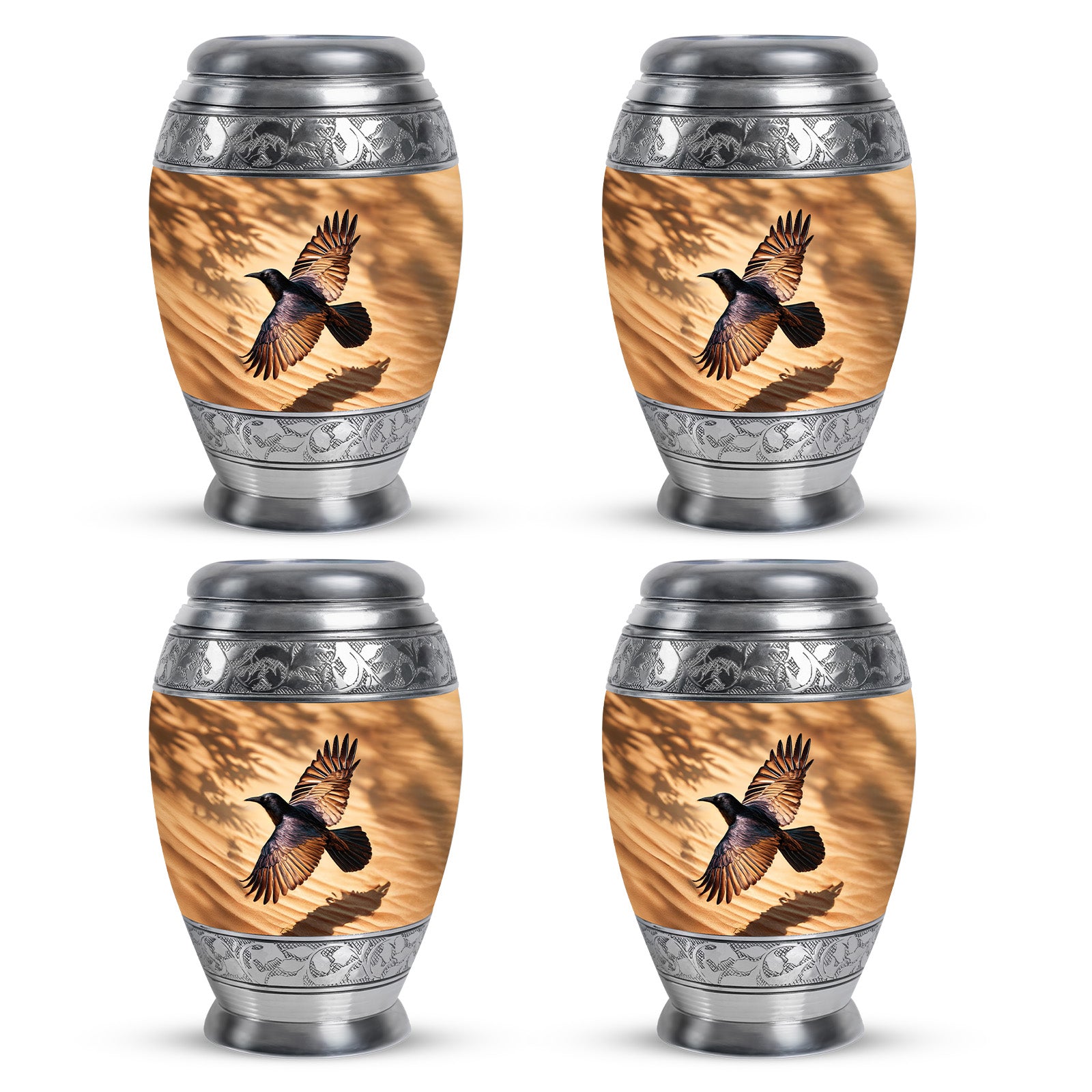 Matte Gold Crow Cremation Urn urn with complimentary velvet bag - royal crow engraving with decorative scrollwork - 10 inch aluminum urn for cremated remains