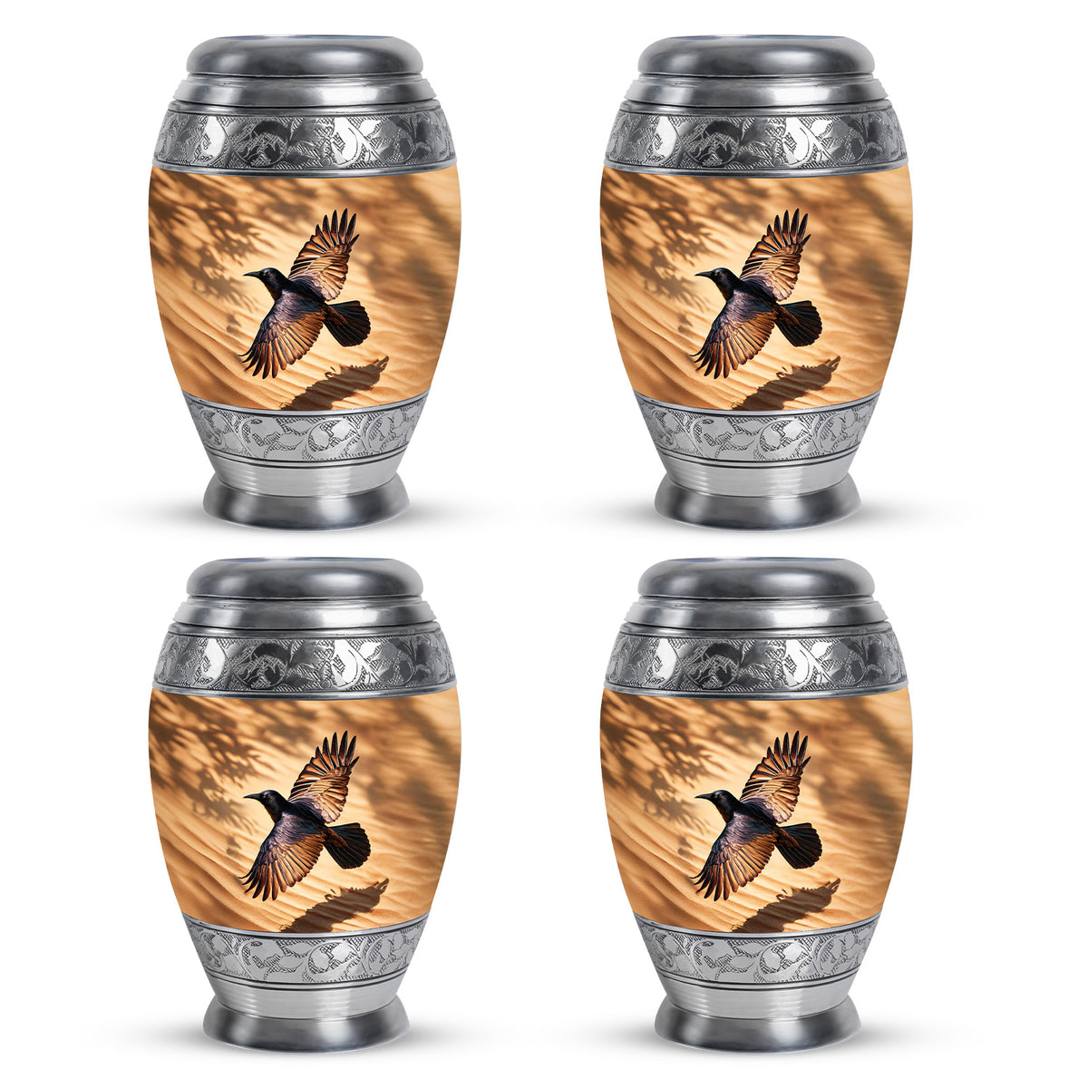 Matte Gold Crow Cremation Urn urn with complimentary velvet bag - royal crow engraving with decorative scrollwork - 10 inch aluminum urn for cremated remains