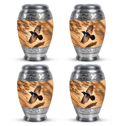 Matte Gold Crow Cremation Urn urn with complimentary velvet bag - royal crow engraving with decorative scrollwork - 10 inch aluminum urn for cremated remains