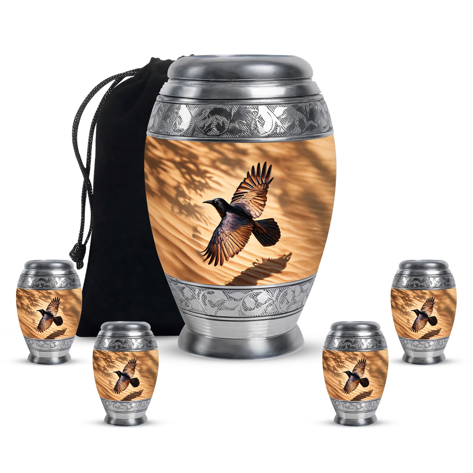 Matte Gold Crow Cremation Urn detail view - majestic crow pattern with filigree border - memorial set with one large and four small urns