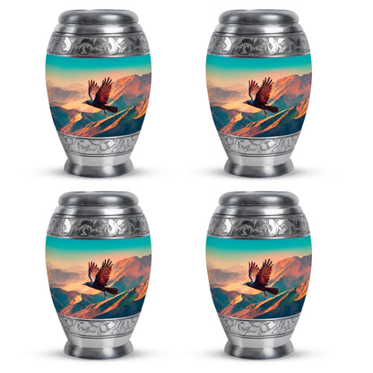 Vivid Teal Crow Cremation Urn urn with complimentary velvet bag - majestic crow pattern with filigree border - 10 inch aluminum urn for cremated remains