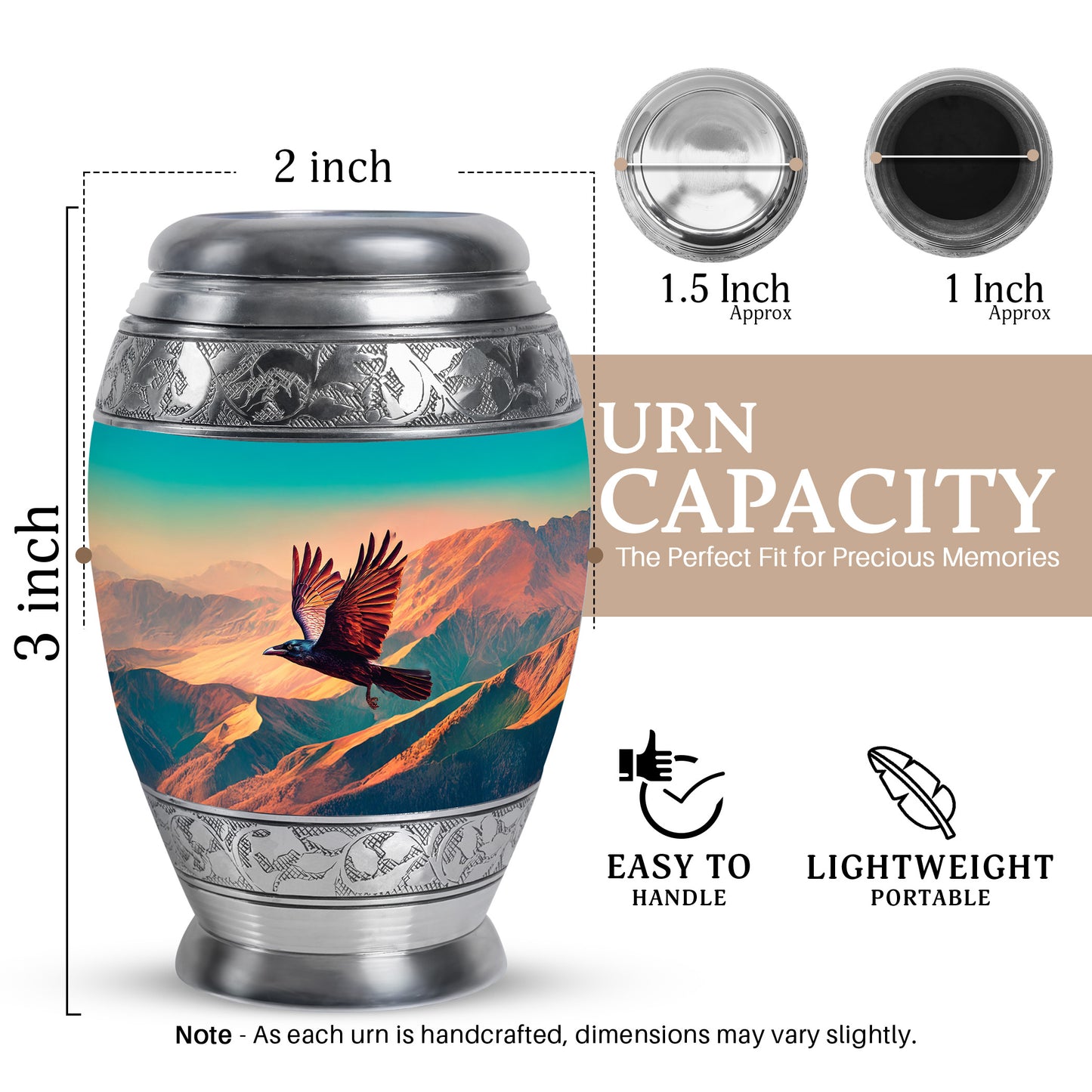 Deep Teal Crow Cremation Urn lifestyle display on memorial shelf - majestic crow pattern with filigree border - mini keepsake memorial for portion of cremation ashes
