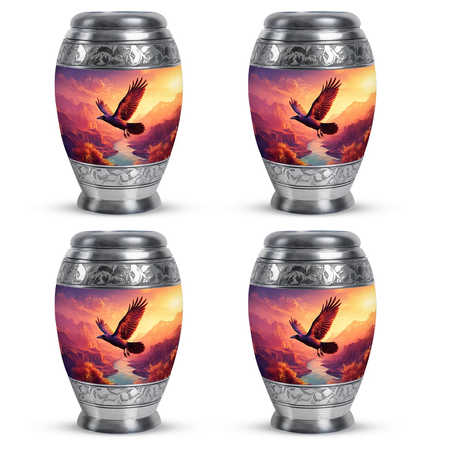 Lavender Purple Crow Cremation Urn urn with complimentary velvet bag - royal crow engraving with decorative scrollwork - 10 inch aluminum urn for cremated remains
