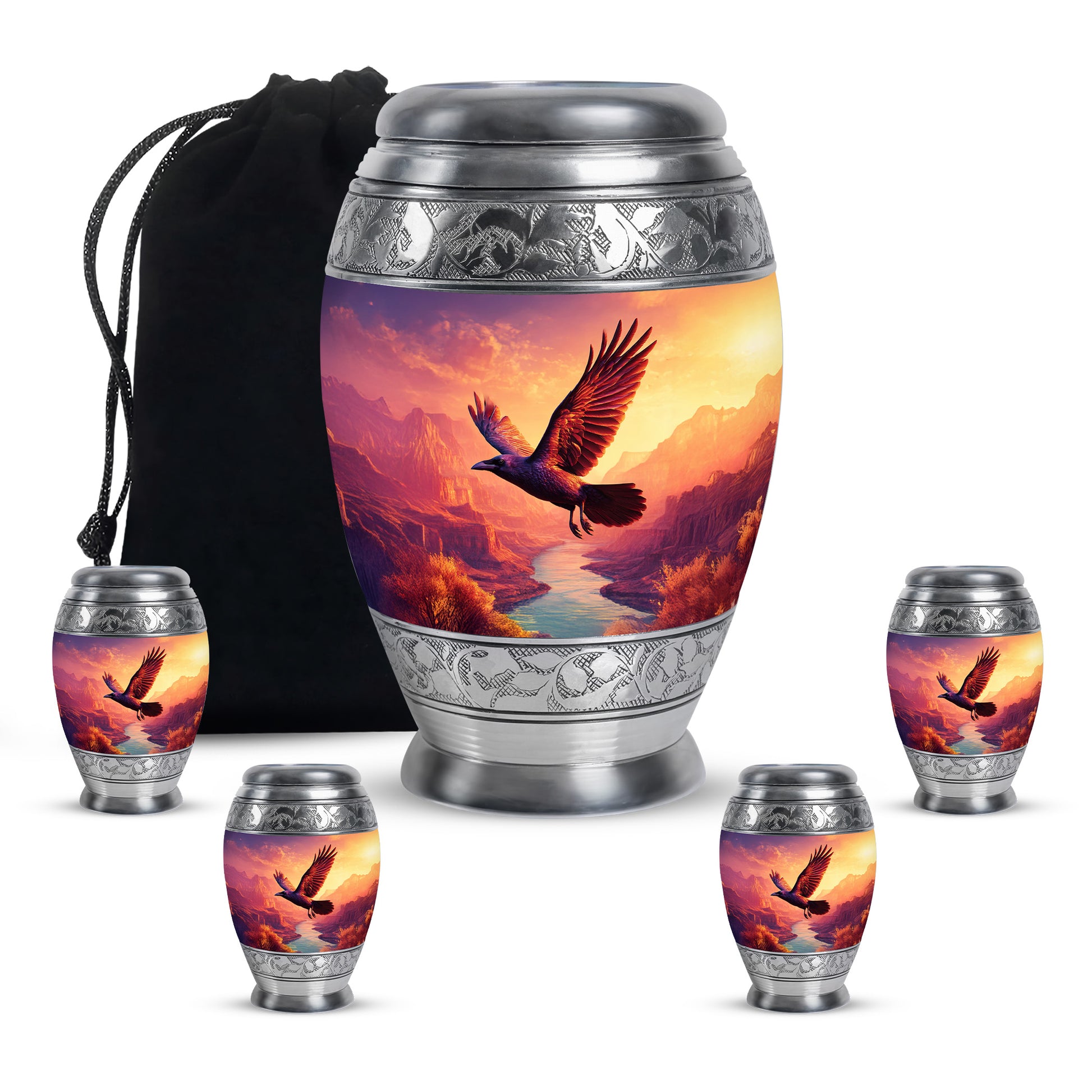 Majestic Purple Crow Cremation Urn detail view - regal crow design with crown-inspired accents - memorial set with one large and four small urns