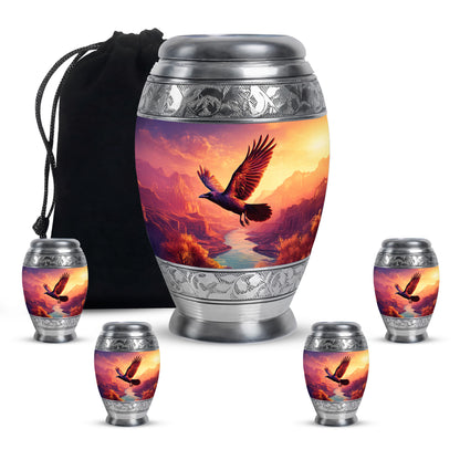 Majestic Purple Crow Cremation Urn detail view - regal crow design with crown-inspired accents - memorial set with one large and four small urns