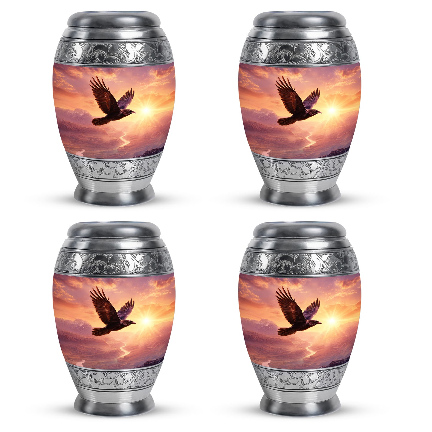 Petal Pink Crow Cremation Urn urn with complimentary velvet bag - majestic crow pattern with filigree border - 10 inch aluminum urn for cremated remains