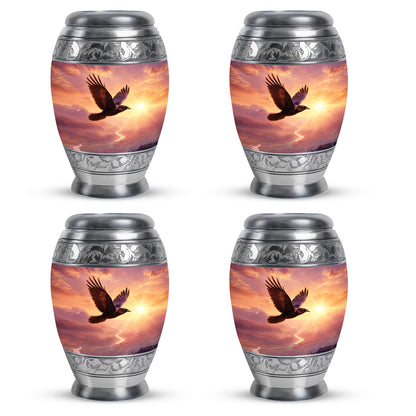 Petal Pink Crow Cremation Urn urn with complimentary velvet bag - majestic crow pattern with filigree border - 10 inch aluminum urn for cremated remains