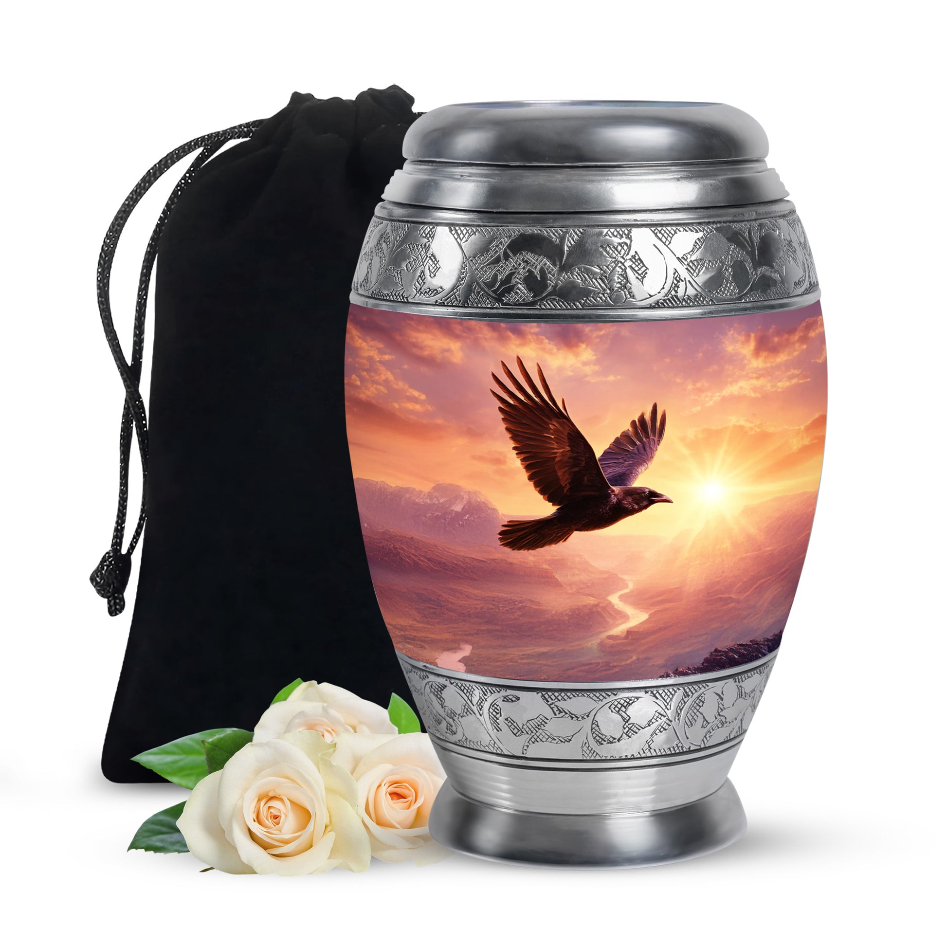 Pastel Pink Crow Cremation Urn back view with polished surface - regal crow design with crown-inspired accents - full-size 10 inch 200 cubic inch adult cremation urn