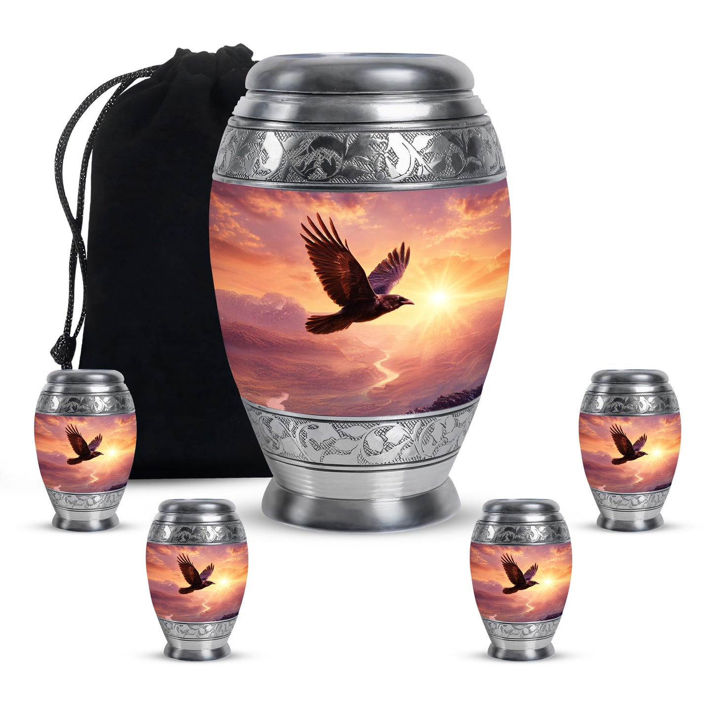 Coral Pink Crow Cremation Urn detail view - regal crow design with crown-inspired accents - memorial set with one large and four small urns