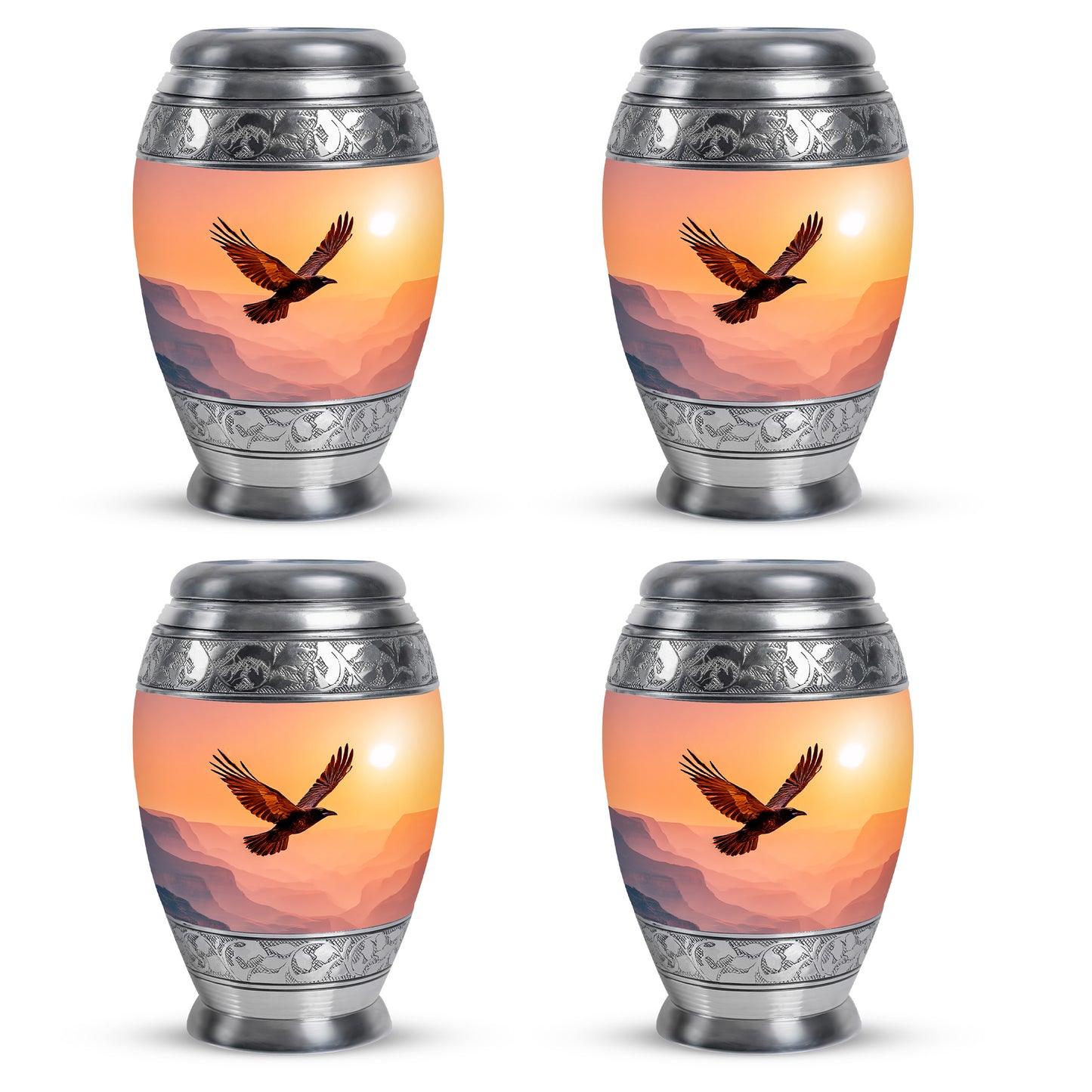 Garnet Red Crow Cremation Urn urn with complimentary velvet bag - ornate monarch-style crow relief on brushed aluminum - 10 inch aluminum urn for cremated remains