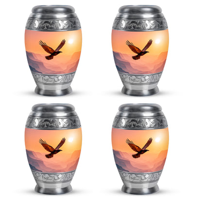 Garnet Red Crow Cremation Urn urn with complimentary velvet bag - ornate monarch-style crow relief on brushed aluminum - 10 inch aluminum urn for cremated remains