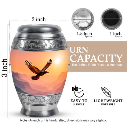 Garnet Red Crow Cremation Urn lifestyle display on memorial shelf - regal crow design with crown-inspired accents - mini keepsake memorial for portion of cremation ashes