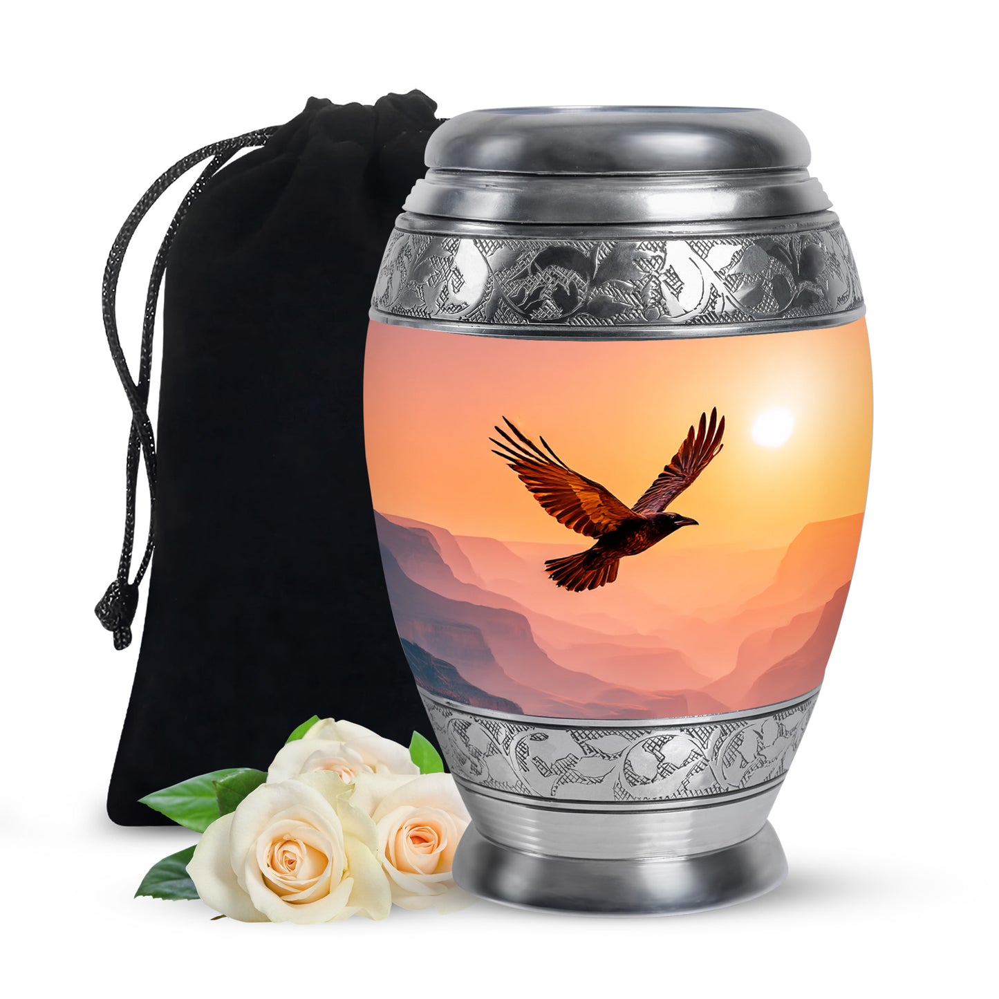 Ruby Red Crow Cremation Urn back view with polished surface - majestic crow pattern with filigree border - full-size 10 inch 200 cubic inch adult cremation urn