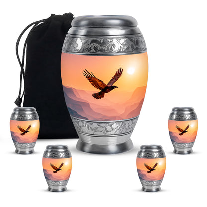 Crimson Red Crow Cremation Urn detail view - regal crow design with crown-inspired accents - memorial set with one large and four small urns