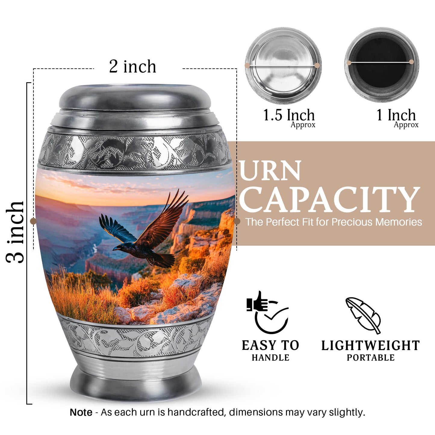 Dusty Blue Crow Cremation Urn lifestyle display on memorial shelf - ornate monarch-style crow relief on brushed aluminum - mini keepsake memorial for portion of cremation ashes