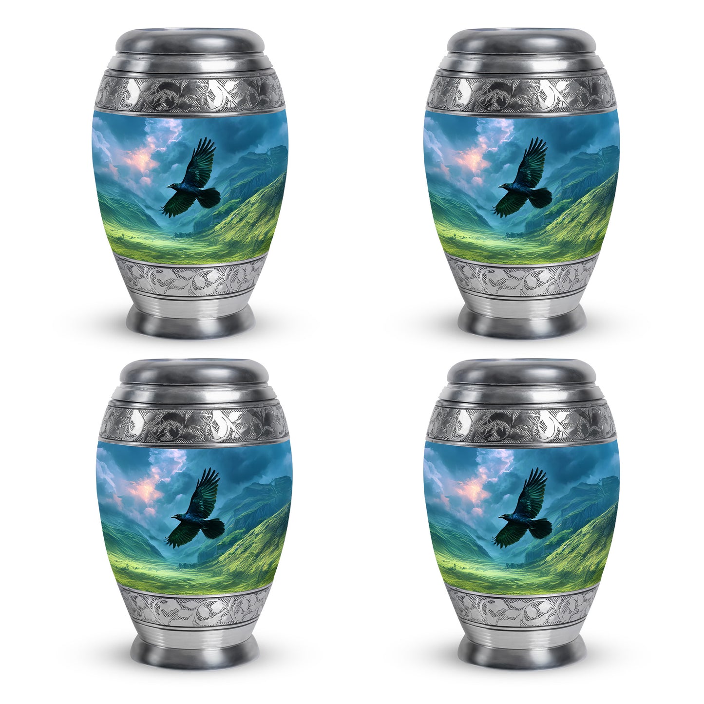 Royal Blue Crow Cremation Urn urn with complimentary velvet bag - majestic crow pattern with filigree border - 10 inch aluminum urn for cremated remains