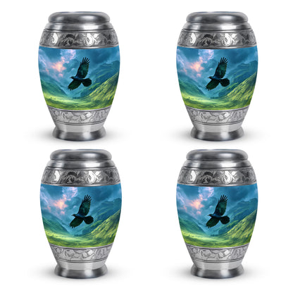 Royal Blue Crow Cremation Urn urn with complimentary velvet bag - majestic crow pattern with filigree border - 10 inch aluminum urn for cremated remains