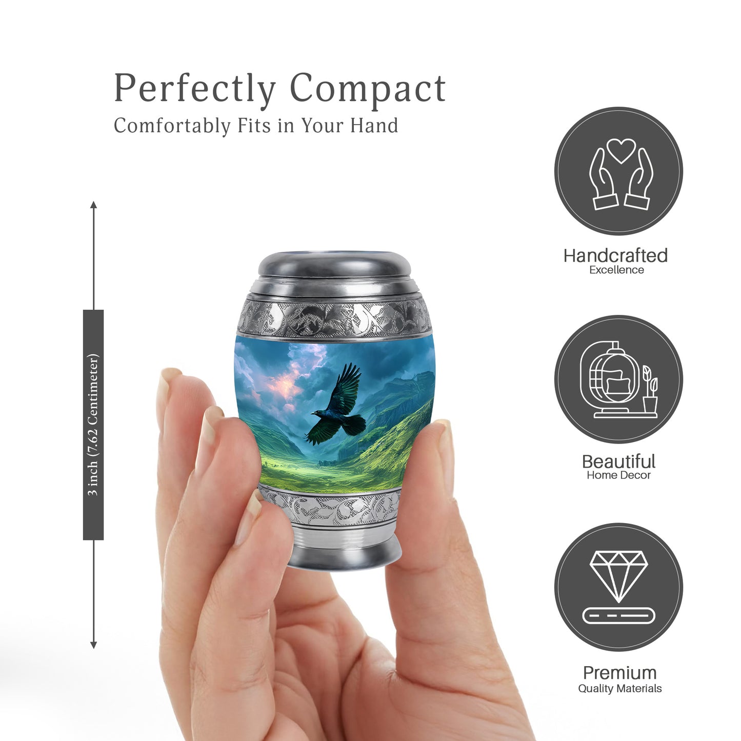 Icy Blue Crow Cremation Urn lifestyle display on memorial shelf - regal crow design with crown-inspired accents - mini keepsake memorial for portion of cremation ashes