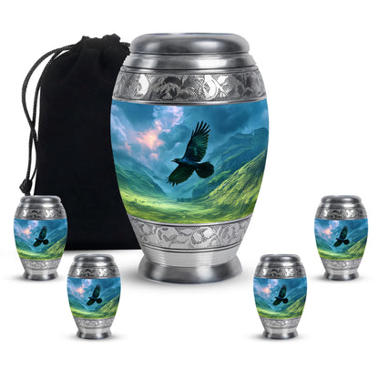 Royal Blue Crow Cremation Urn detail view - majestic crow pattern with filigree border - memorial set with one large and four small urns