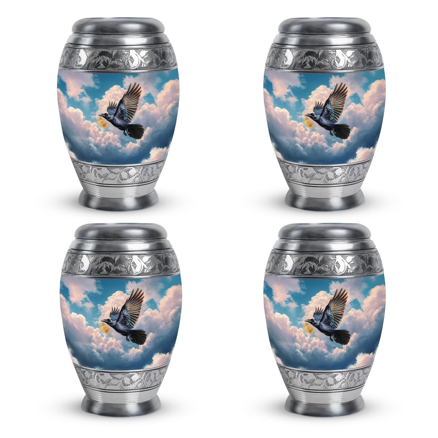 Pastel Blue Crow Cremation Urn urn with complimentary velvet bag - ornate monarch-style crow relief on brushed aluminum - 10 inch aluminum urn for cremated remains