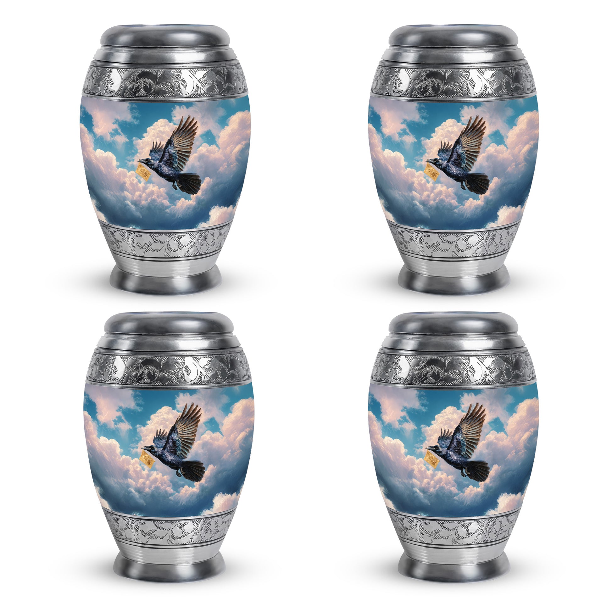 Pastel Blue Crow Cremation Urn urn with complimentary velvet bag - ornate monarch-style crow relief on brushed aluminum - 10 inch aluminum urn for cremated remains