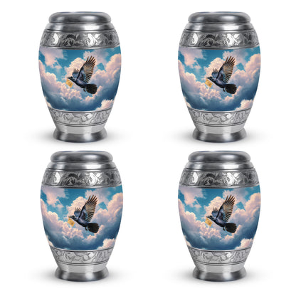 Pastel Blue Crow Cremation Urn urn with complimentary velvet bag - ornate monarch-style crow relief on brushed aluminum - 10 inch aluminum urn for cremated remains