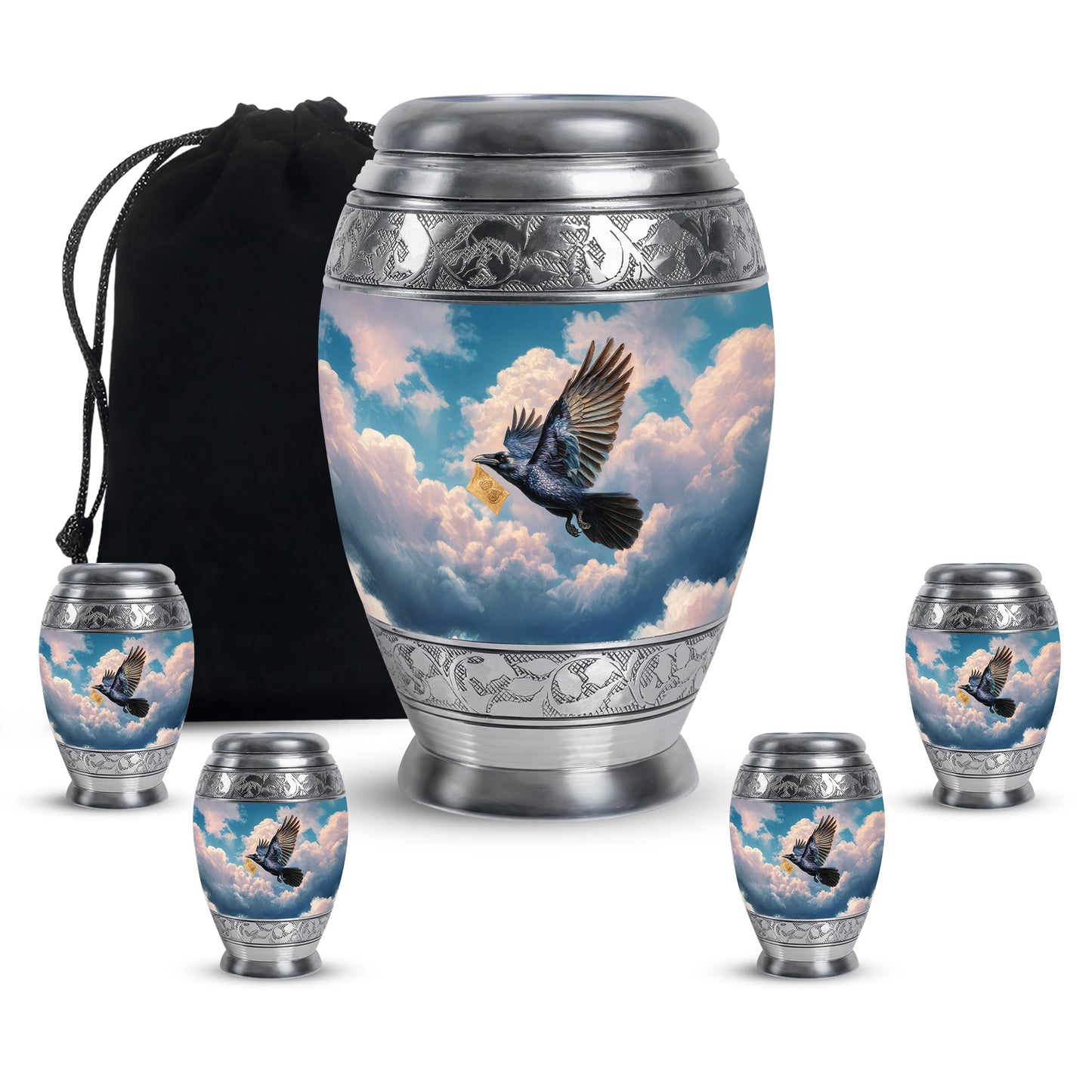 Slate Blue Crow Cremation Urn detail view - regal crow design with crown-inspired accents - memorial set with one large and four small urns