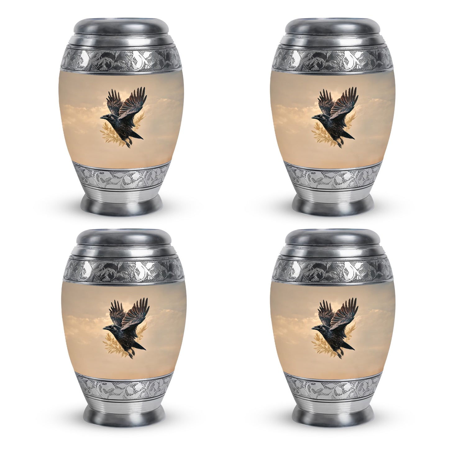 Harvest Gold Crow Cremation Urn urn with complimentary velvet bag - majestic crow pattern with filigree border - 10 inch aluminum urn for cremated remains