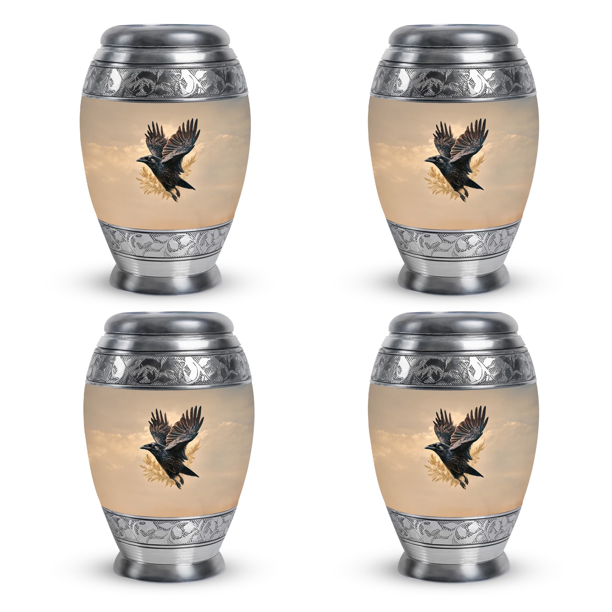 Harvest Gold Crow Cremation Urn urn with complimentary velvet bag - majestic crow pattern with filigree border - 10 inch aluminum urn for cremated remains