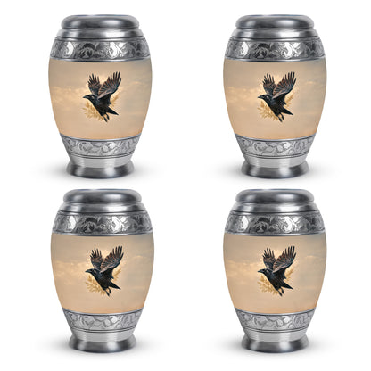 Harvest Gold Crow Cremation Urn urn with complimentary velvet bag - majestic crow pattern with filigree border - 10 inch aluminum urn for cremated remains